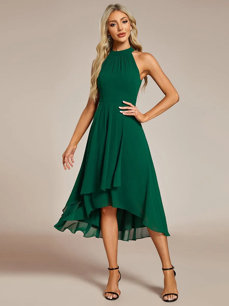 Midi Halter Neck Chiffon Wedding Guest Dress with Sleeveless and A-Line