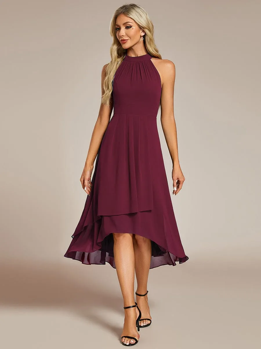 Midi Halter Neck Chiffon Wedding Guest Dress with Sleeveless and A-Line