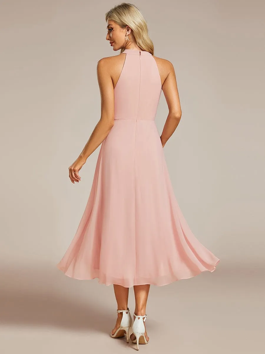 Midi Halter Neck Chiffon Wedding Guest Dress with Sleeveless and A-Line