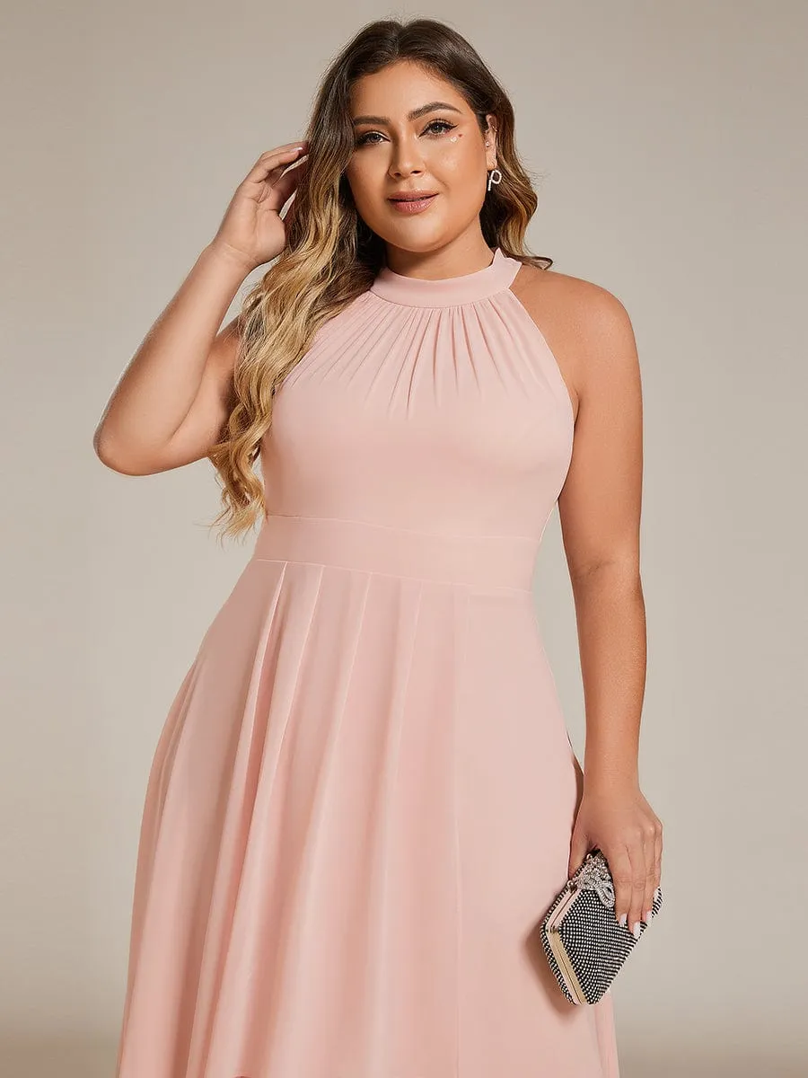 Midi Halter Neck Chiffon Wedding Guest Dress with Sleeveless and A-Line