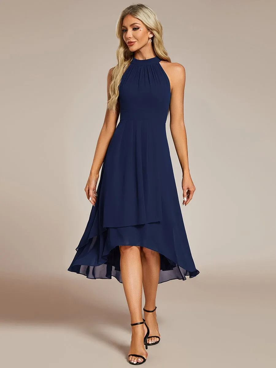 Midi Halter Neck Chiffon Wedding Guest Dress with Sleeveless and A-Line