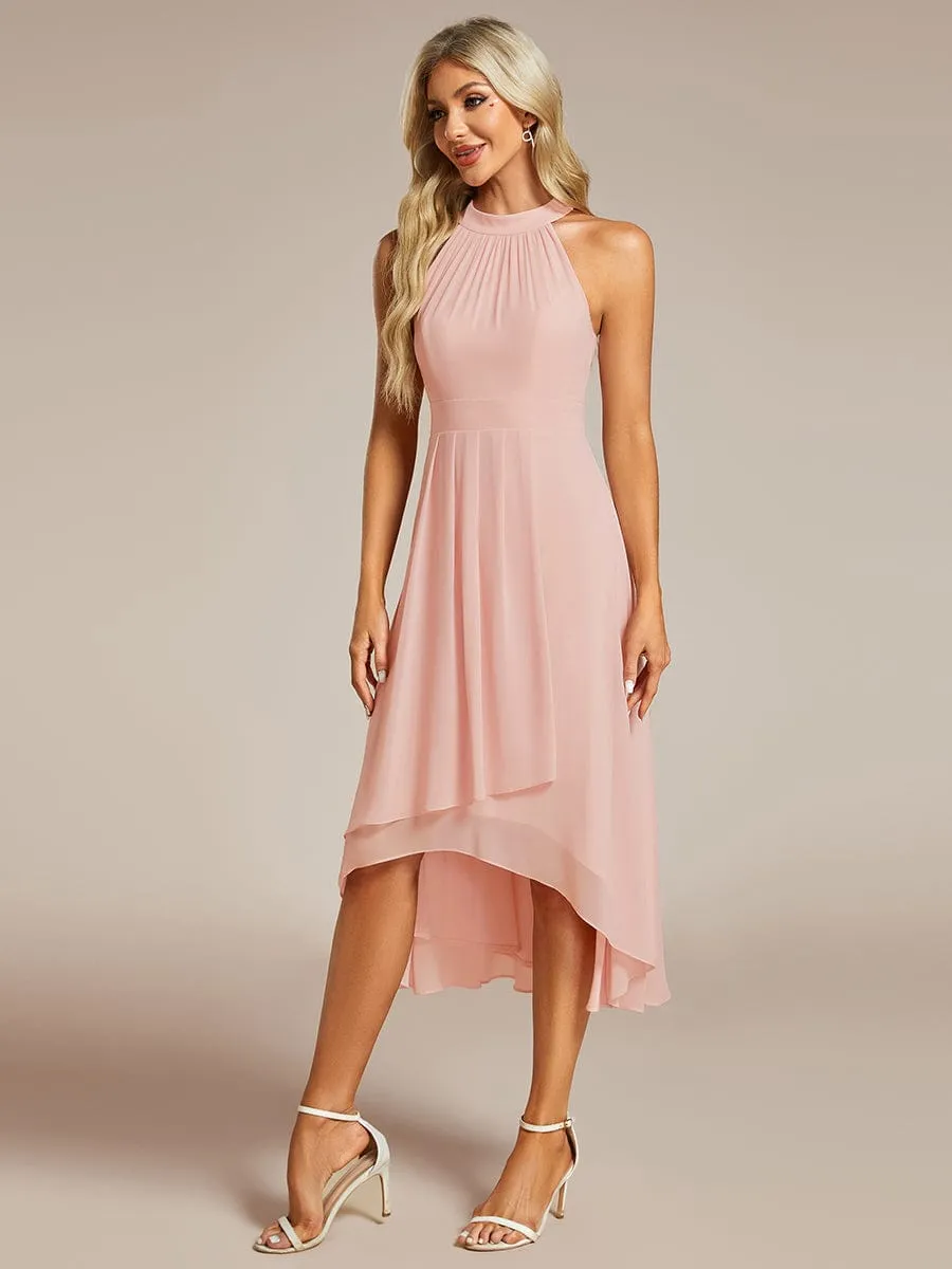 Midi Halter Neck Chiffon Wedding Guest Dress with Sleeveless and A-Line