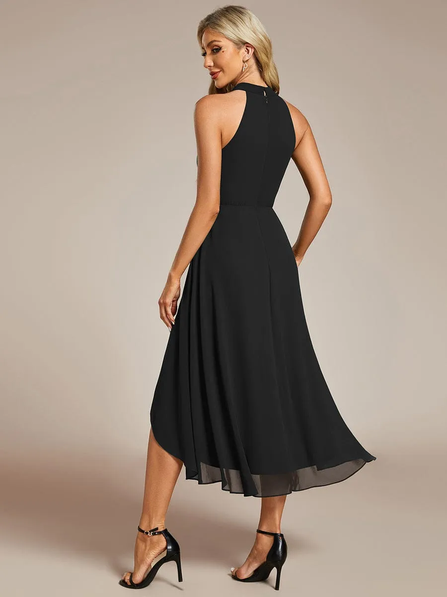 Midi Halter Neck Chiffon Wedding Guest Dress with Sleeveless and A-Line