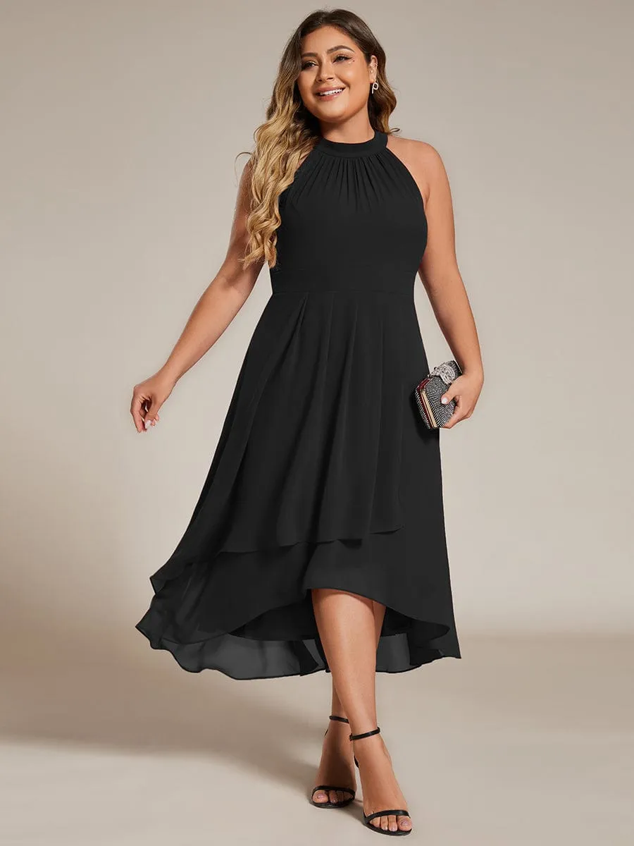 Midi Halter Neck Chiffon Wedding Guest Dress with Sleeveless and A-Line