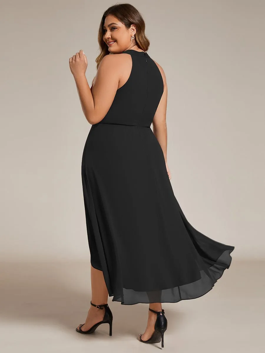 Midi Halter Neck Chiffon Wedding Guest Dress with Sleeveless and A-Line