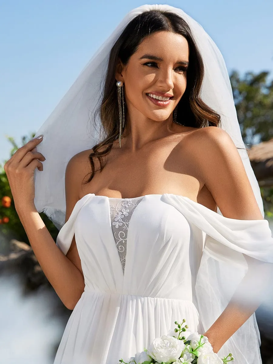 Off Shoulder Lace-Up Back Chiffon A-Line Wedding Dress