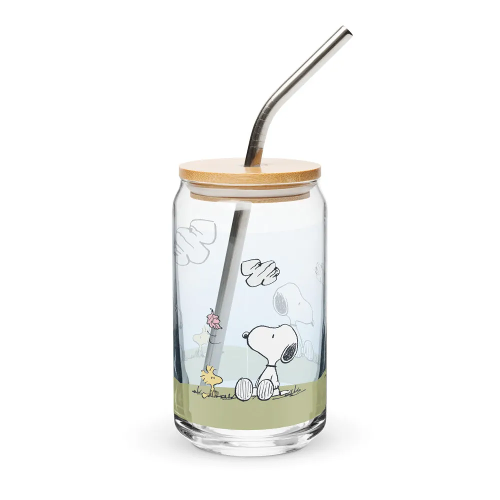 Peanuts Woodstock And Snoopy Sequence Can Shaped Glass With Lid And Straw