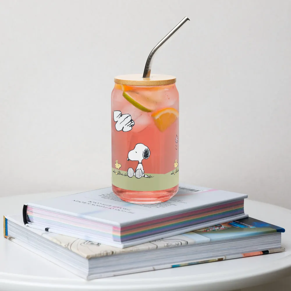 Peanuts Woodstock And Snoopy Sequence Can Shaped Glass With Lid And Straw