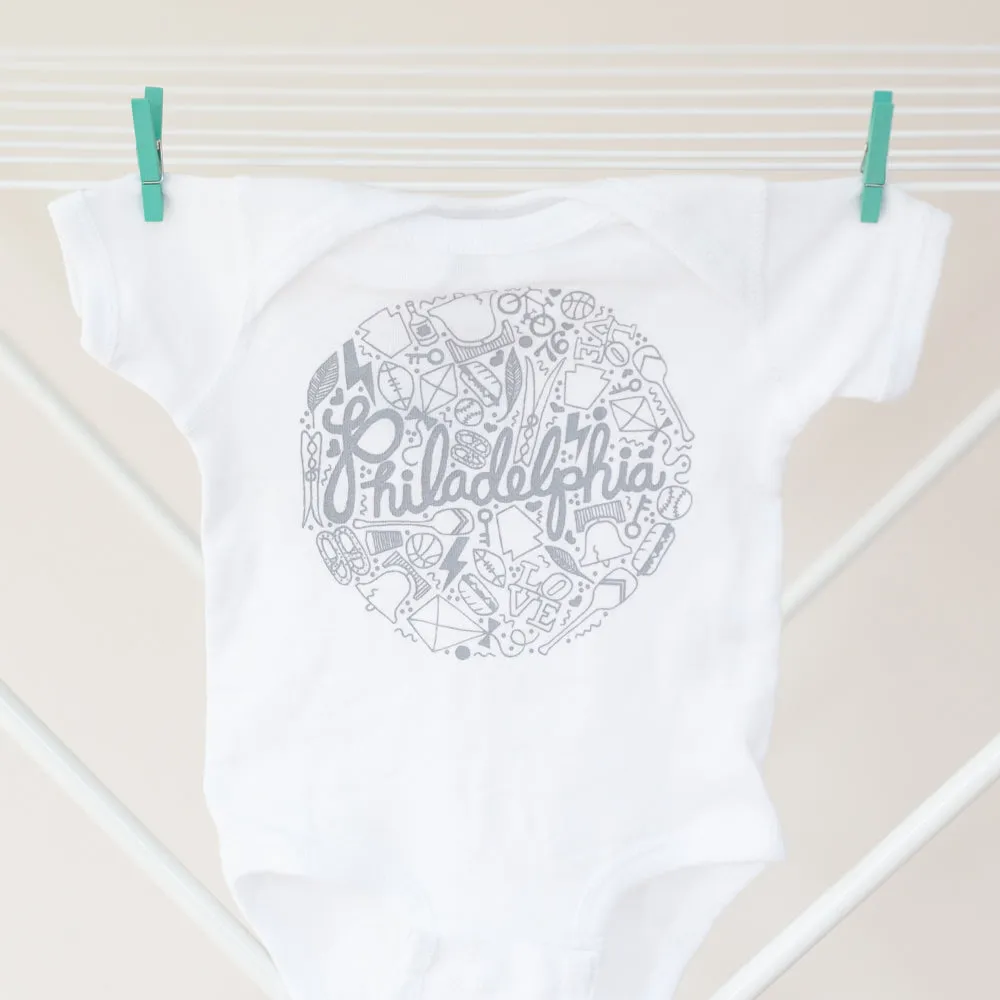 Philadelphia baby shower gift, Philadelphia baby onesie, Philly icons baby bodysuit