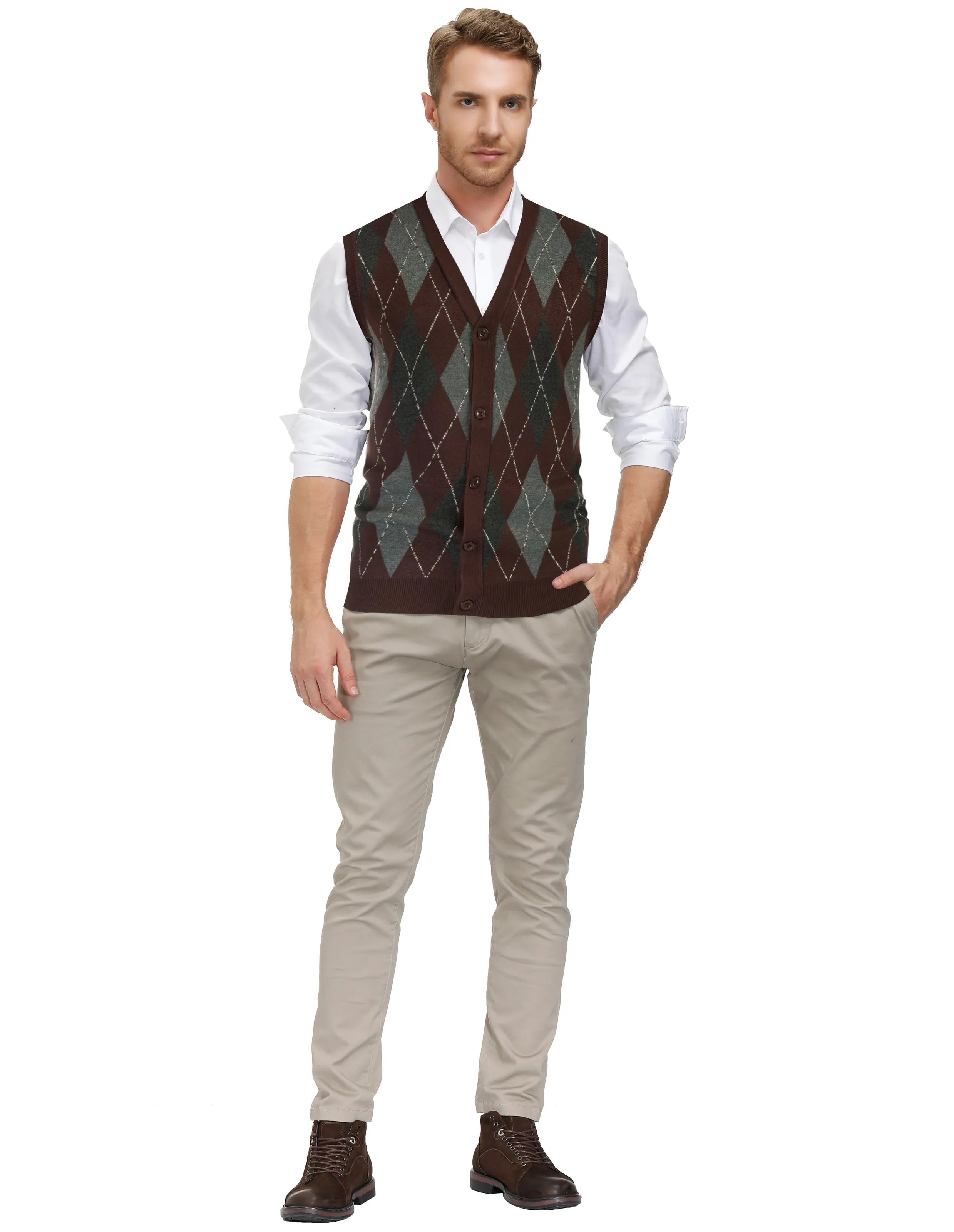 Pj Paul Jones Men Sleeveless Sweater Vest Contrast Color Diamond Pattern Button Placket