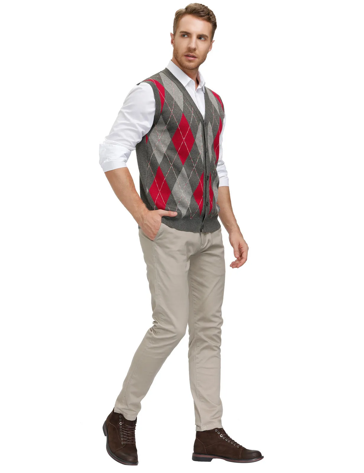 Pj Paul Jones Men Sleeveless Sweater Vest Contrast Color Diamond Pattern Button Placket