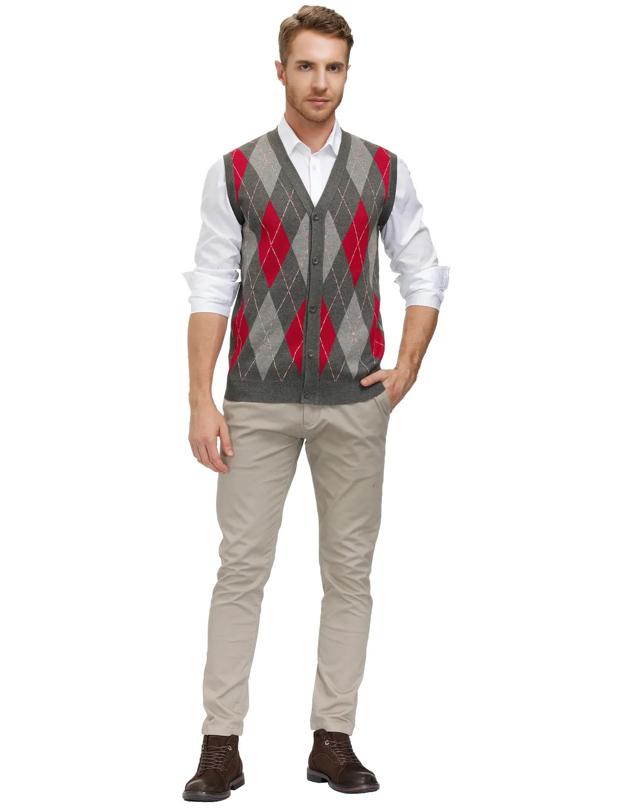 Pj Paul Jones Men Sleeveless Sweater Vest Contrast Color Diamond Pattern Button Placket