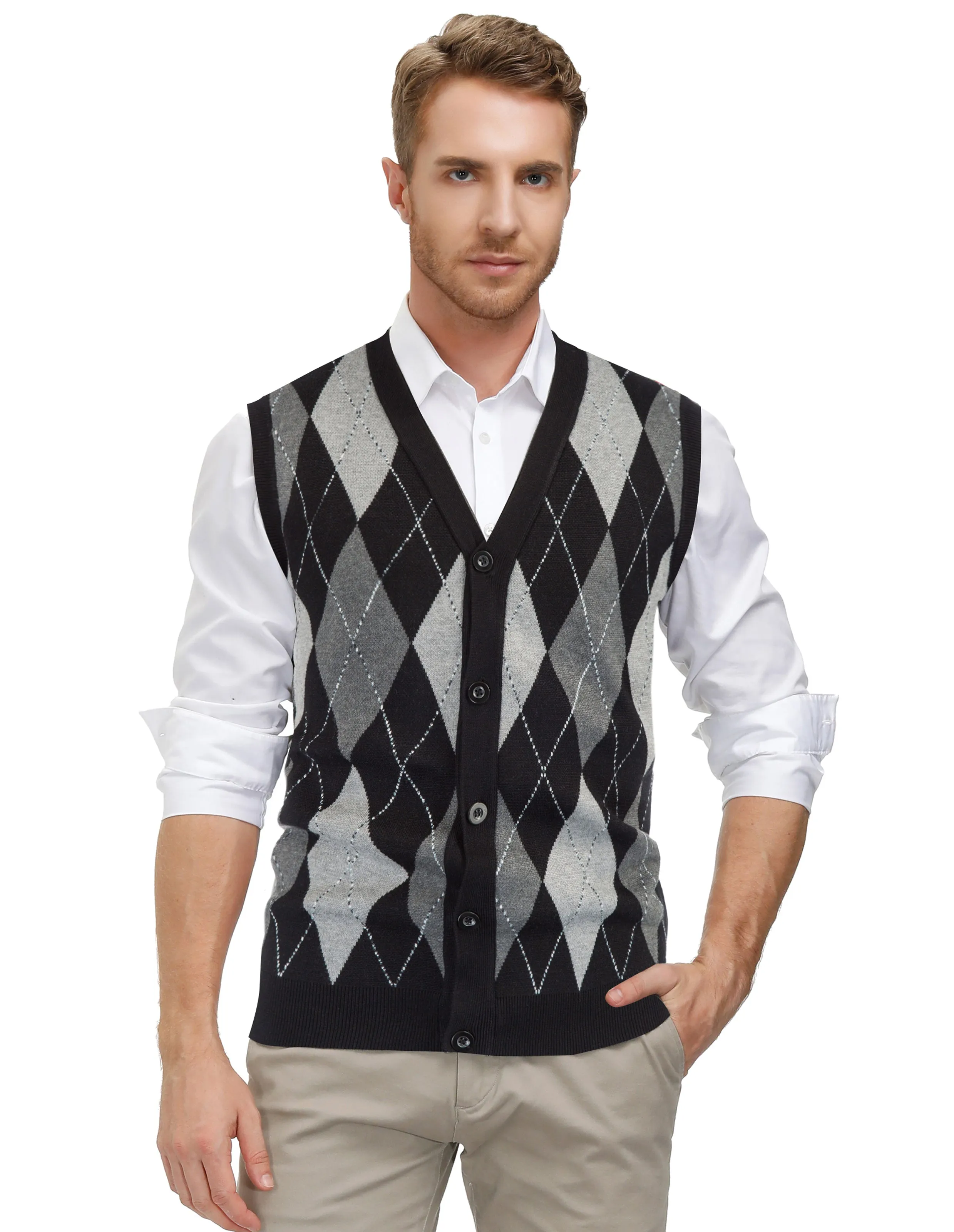 Pj Paul Jones Men Sleeveless Sweater Vest Contrast Color Diamond Pattern Button Placket