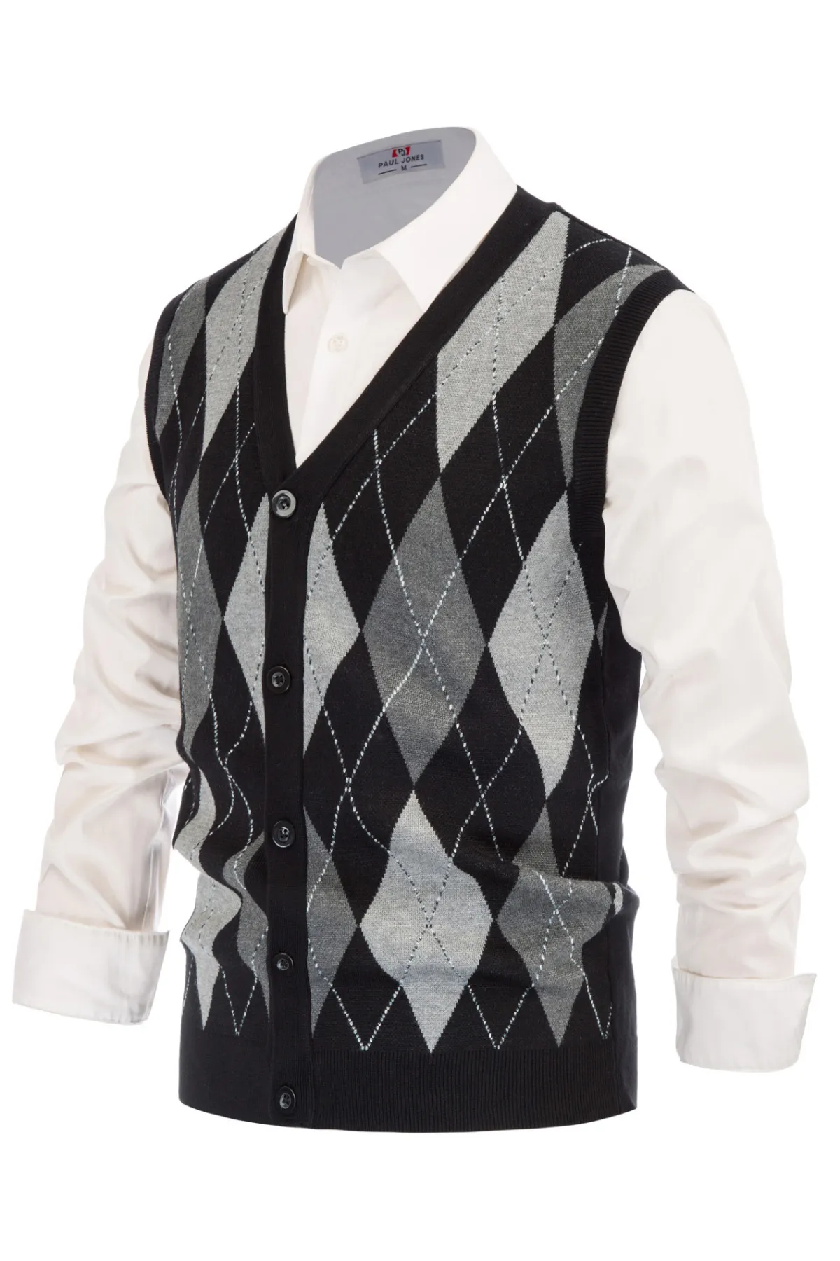 Pj Paul Jones Men Sleeveless Sweater Vest Contrast Color Diamond Pattern Button Placket