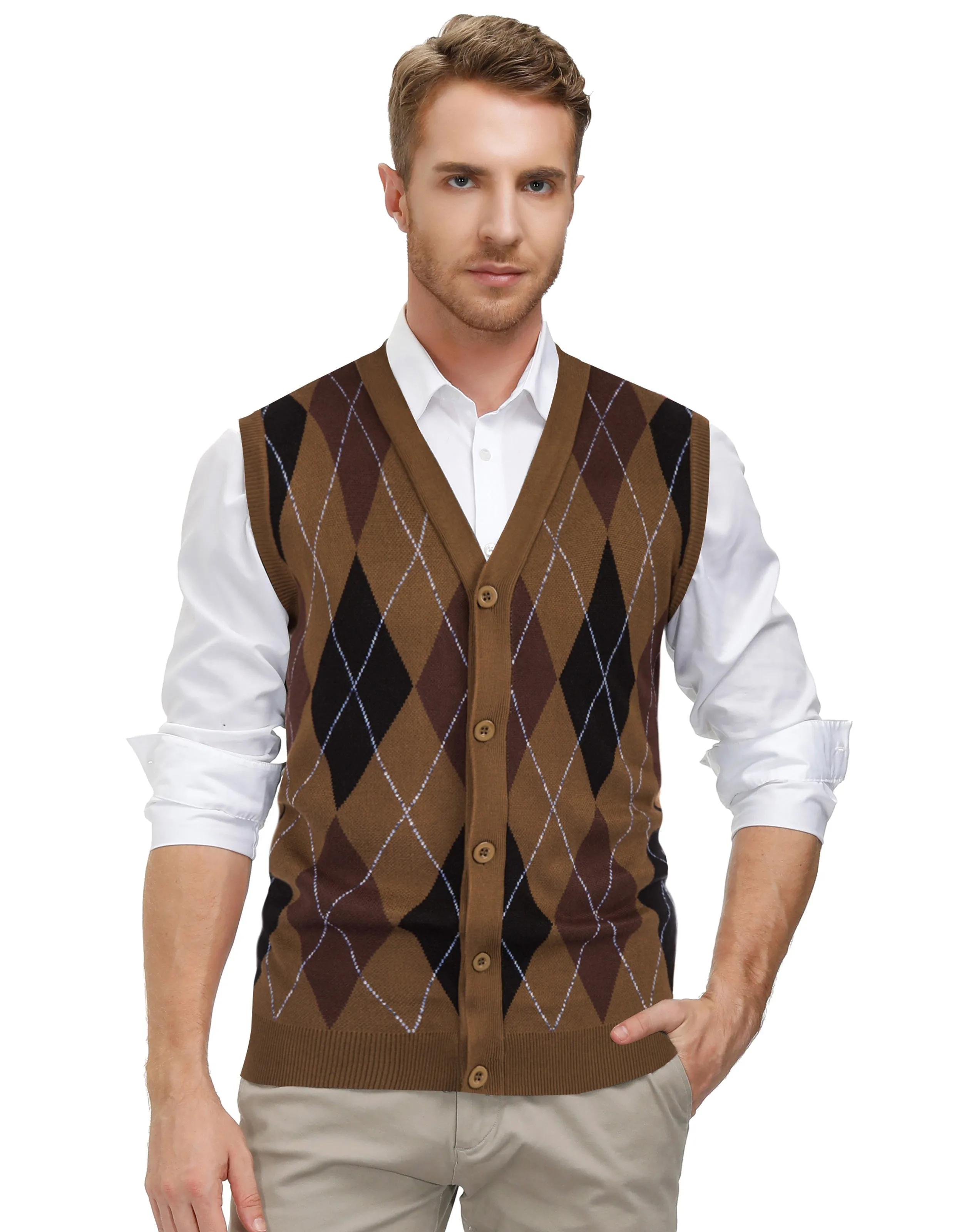 Pj Paul Jones Men Sleeveless Sweater Vest Contrast Color Diamond Pattern Button Placket