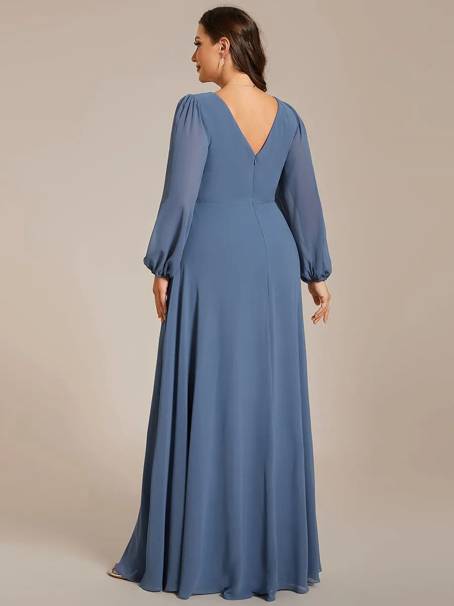 Plus Size A-Line V-Neck See-Through Long Sleeves Shiny Belt Chiffon Evening Dress