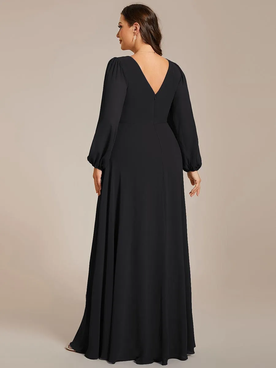 Plus Size A-Line V-Neck See-Through Long Sleeves Shiny Belt Chiffon Evening Dress