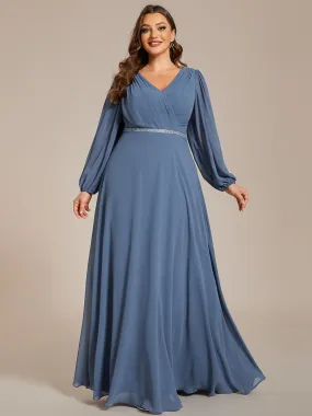 Plus Size A-Line V-Neck See-Through Long Sleeves Shiny Belt Chiffon Evening Dress