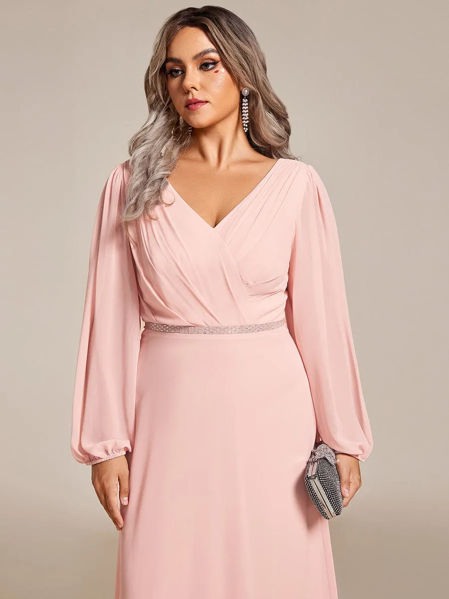 Plus Size A-Line V-Neck See-Through Long Sleeves Shiny Belt Chiffon Evening Dress