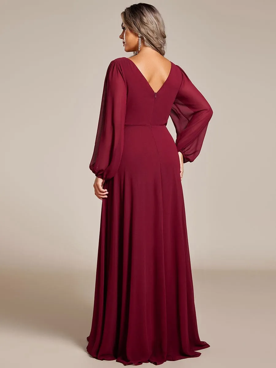 Plus Size A-Line V-Neck See-Through Long Sleeves Shiny Belt Chiffon Evening Dress