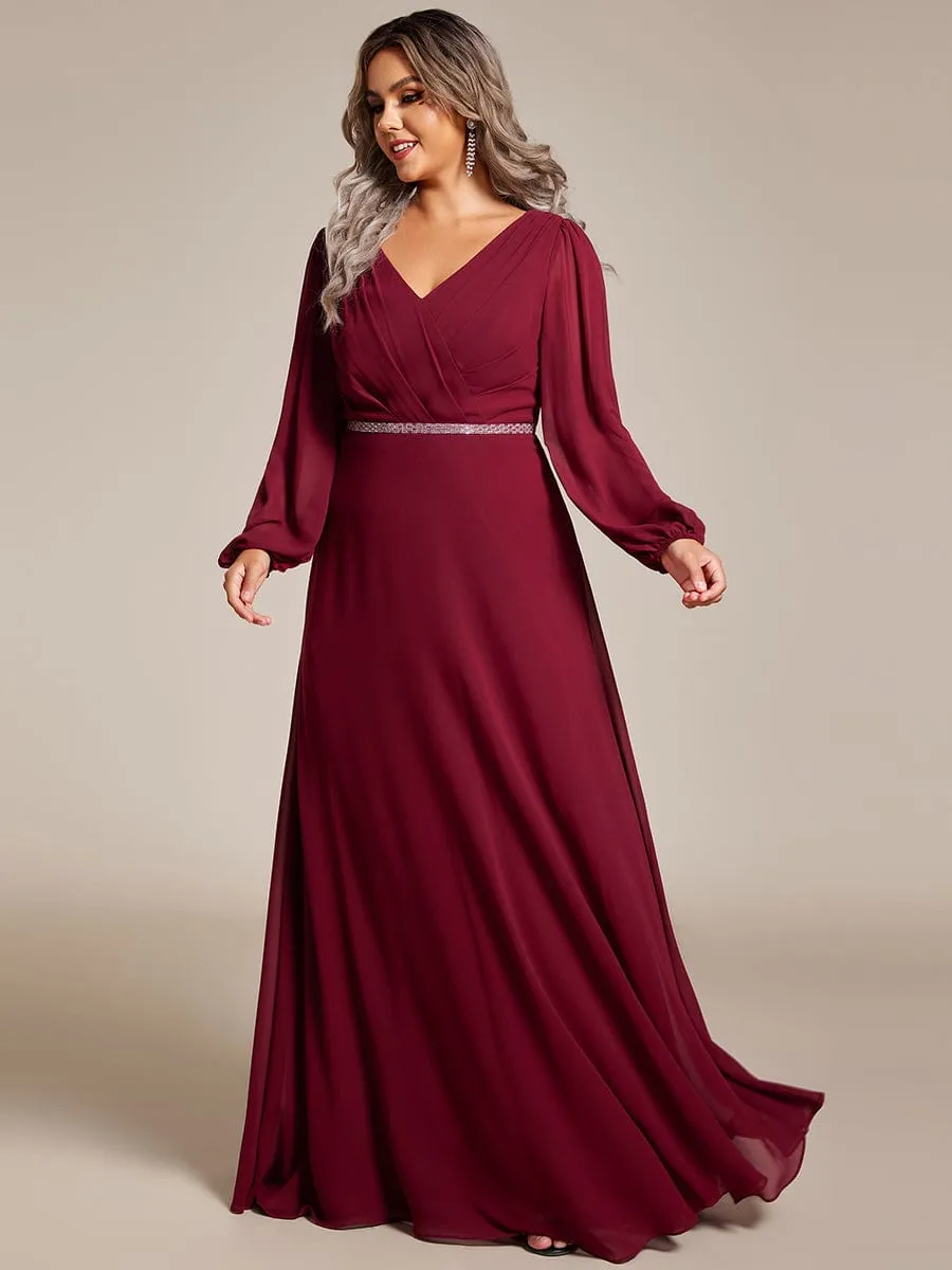 Plus Size A-Line V-Neck See-Through Long Sleeves Shiny Belt Chiffon Evening Dress