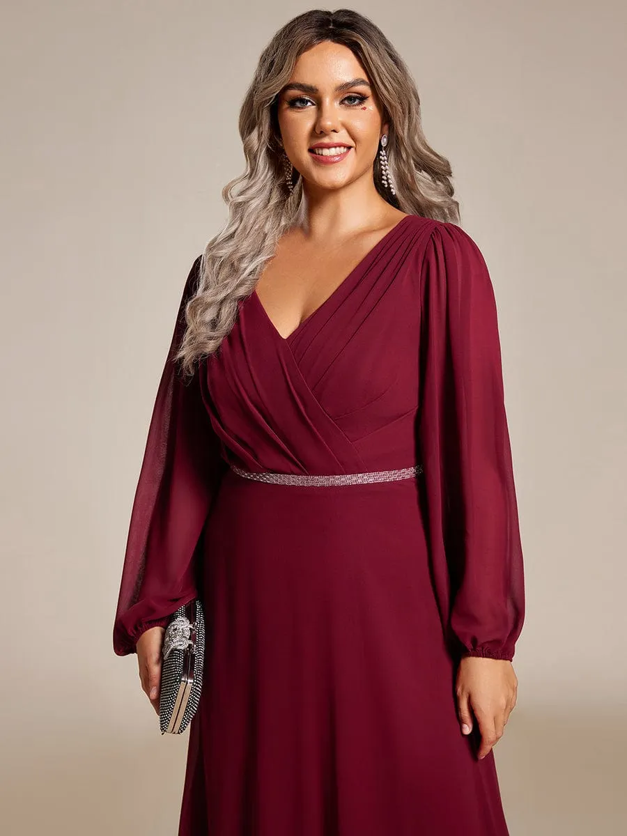 Plus Size A-Line V-Neck See-Through Long Sleeves Shiny Belt Chiffon Evening Dress