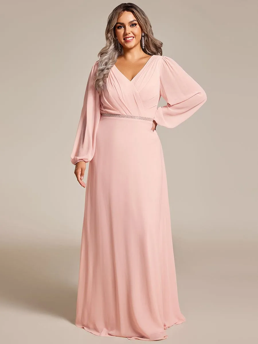 Plus Size A-Line V-Neck See-Through Long Sleeves Shiny Belt Chiffon Evening Dress