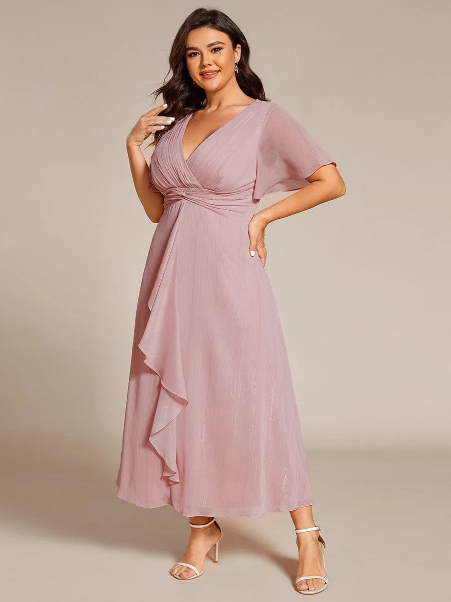 Plus Size Silver Metallic Fabric V-Neck A-Line Wedding Guest Dress featuring Delicate Ruffled Hem