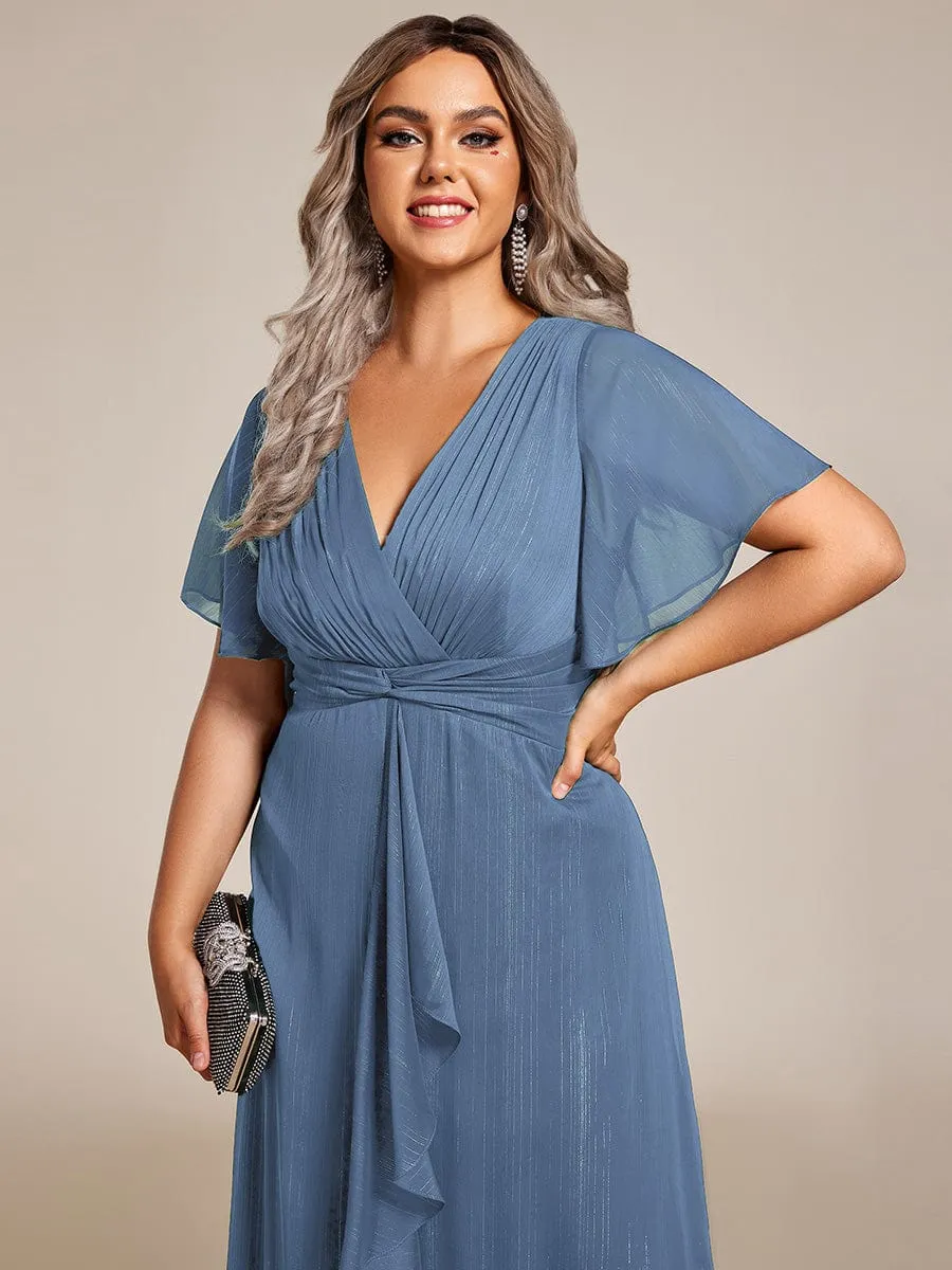 Plus Size Silver Metallic Fabric V-Neck A-Line Wedding Guest Dress featuring Delicate Ruffled Hem