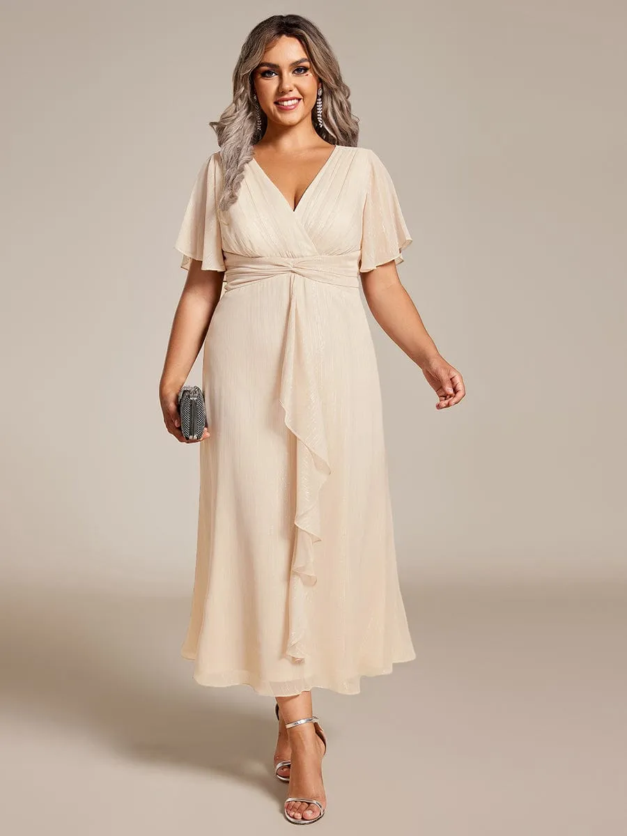 Plus Size Silver Metallic Fabric V-Neck A-Line Wedding Guest Dress featuring Delicate Ruffled Hem