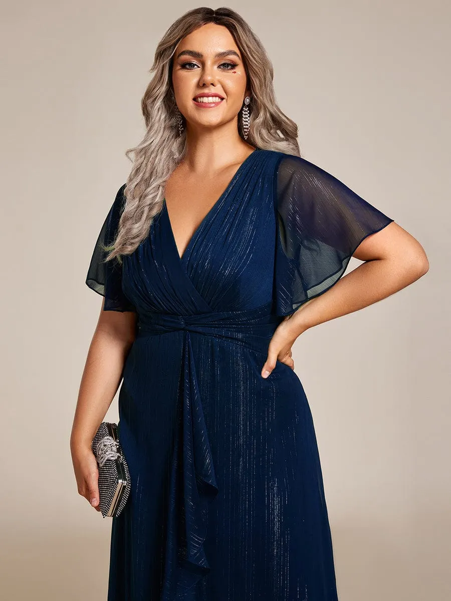 Plus Size Silver Metallic Fabric V-Neck A-Line Wedding Guest Dress featuring Delicate Ruffled Hem