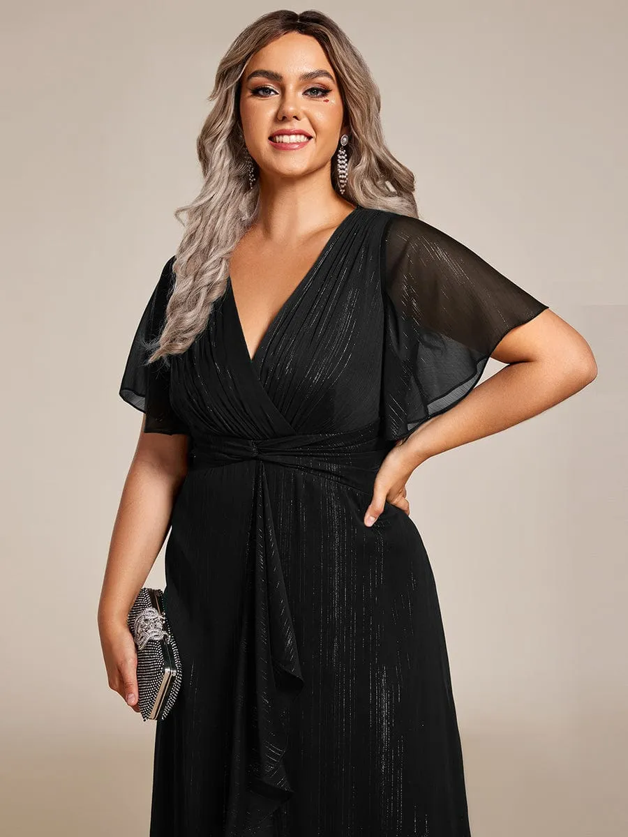 Plus Size Silver Metallic Fabric V-Neck A-Line Wedding Guest Dress featuring Delicate Ruffled Hem