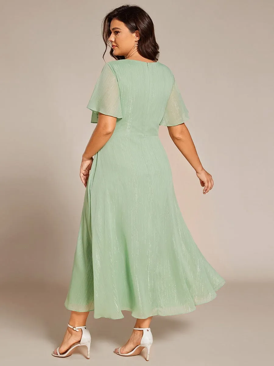 Plus Size Silver Metallic Fabric V-Neck A-Line Wedding Guest Dress featuring Delicate Ruffled Hem