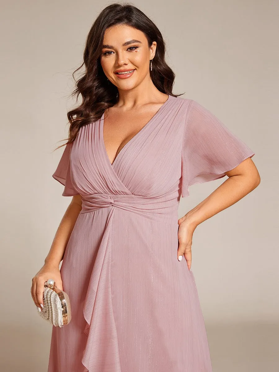 Plus Size Silver Metallic Fabric V-Neck A-Line Wedding Guest Dress featuring Delicate Ruffled Hem