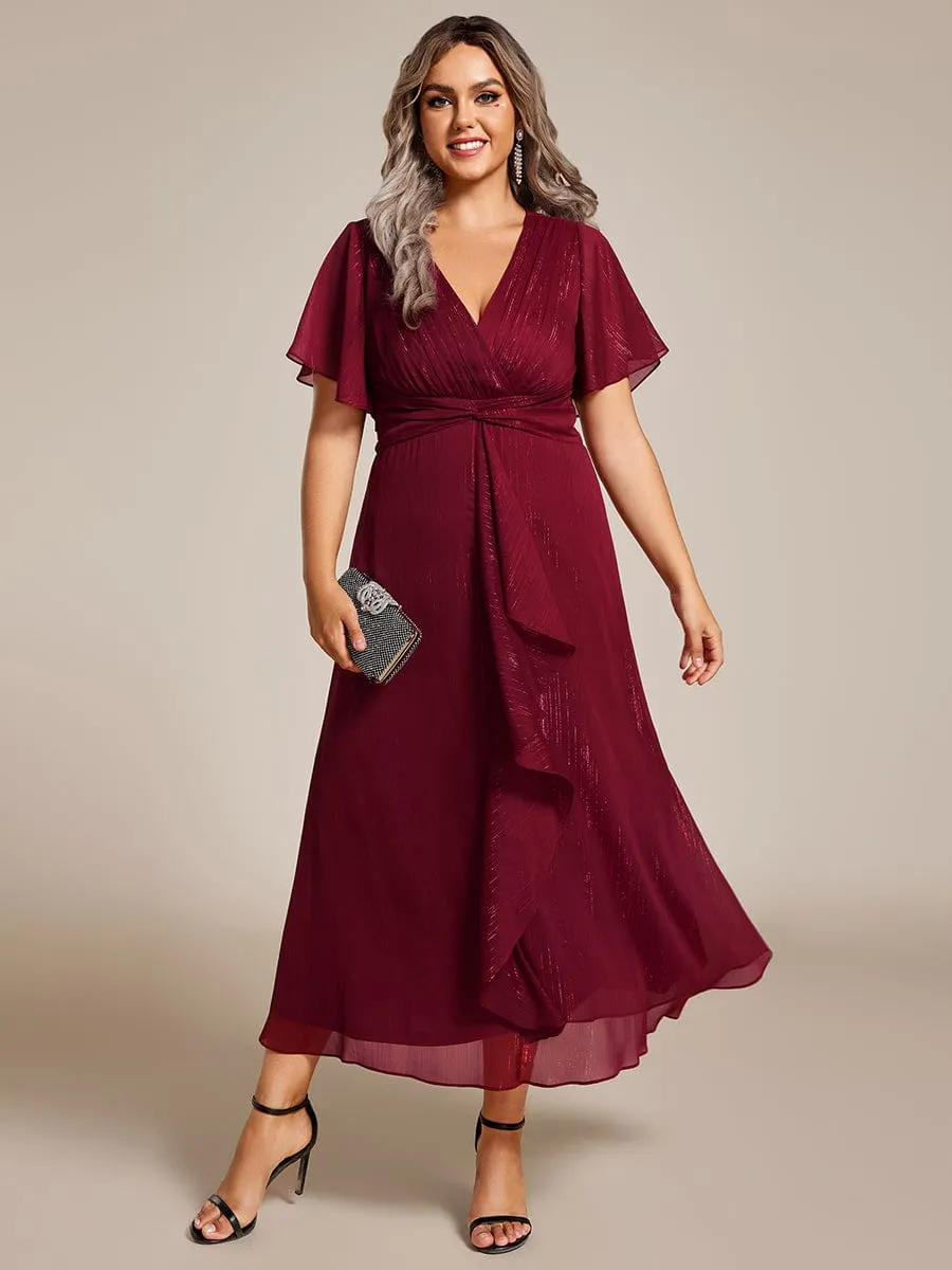 Plus Size Silver Metallic Fabric V-Neck A-Line Wedding Guest Dress featuring Delicate Ruffled Hem