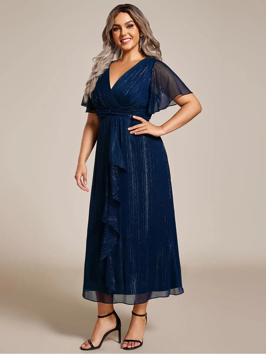 Plus Size Silver Metallic Fabric V-Neck A-Line Wedding Guest Dress featuring Delicate Ruffled Hem