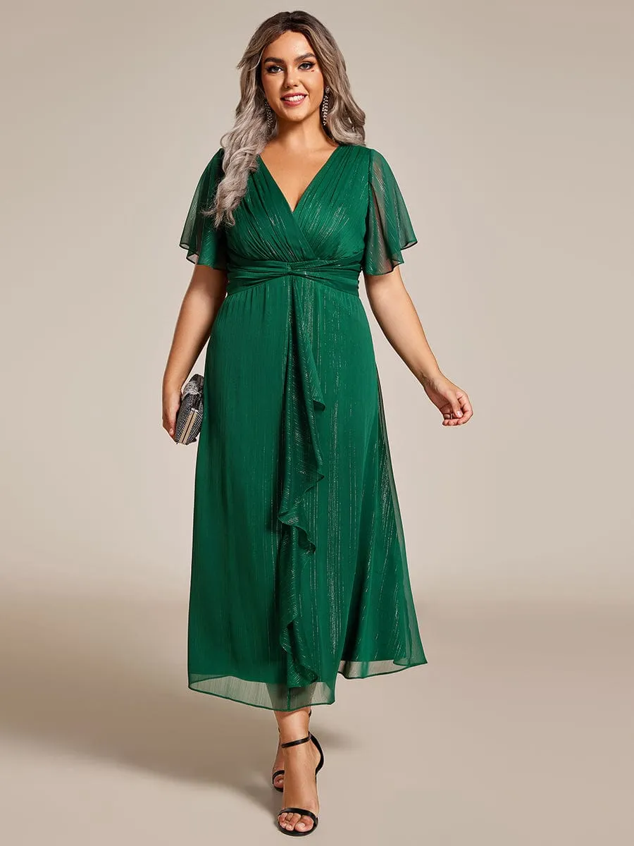 Plus Size Silver Metallic Fabric V-Neck A-Line Wedding Guest Dress featuring Delicate Ruffled Hem