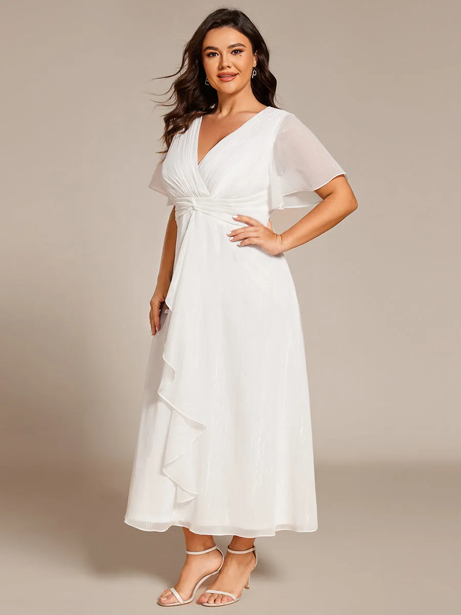 Plus Size Silver Metallic Fabric V-Neck A-Line Wedding Guest Dress featuring Delicate Ruffled Hem