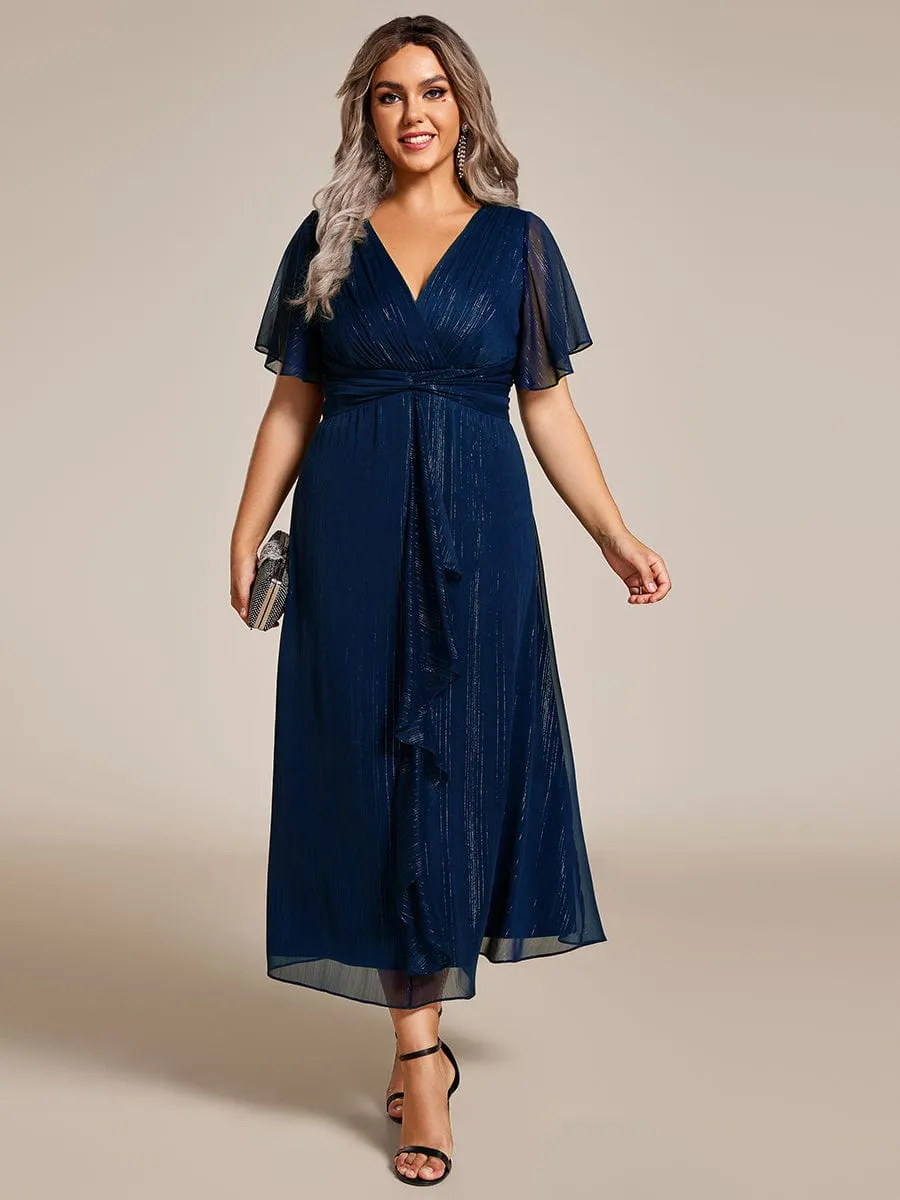 Plus Size Silver Metallic Fabric V-Neck A-Line Wedding Guest Dress featuring Delicate Ruffled Hem