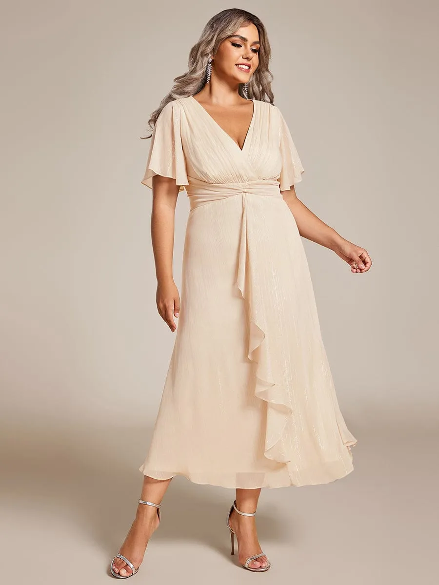 Plus Size Silver Metallic Fabric V-Neck A-Line Wedding Guest Dress featuring Delicate Ruffled Hem