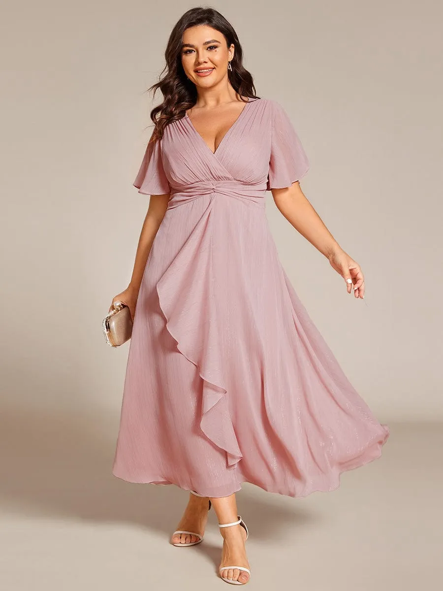 Plus Size Silver Metallic Fabric V-Neck A-Line Wedding Guest Dress featuring Delicate Ruffled Hem