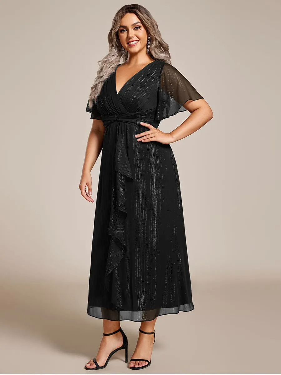 Plus Size Silver Metallic Fabric V-Neck A-Line Wedding Guest Dress featuring Delicate Ruffled Hem