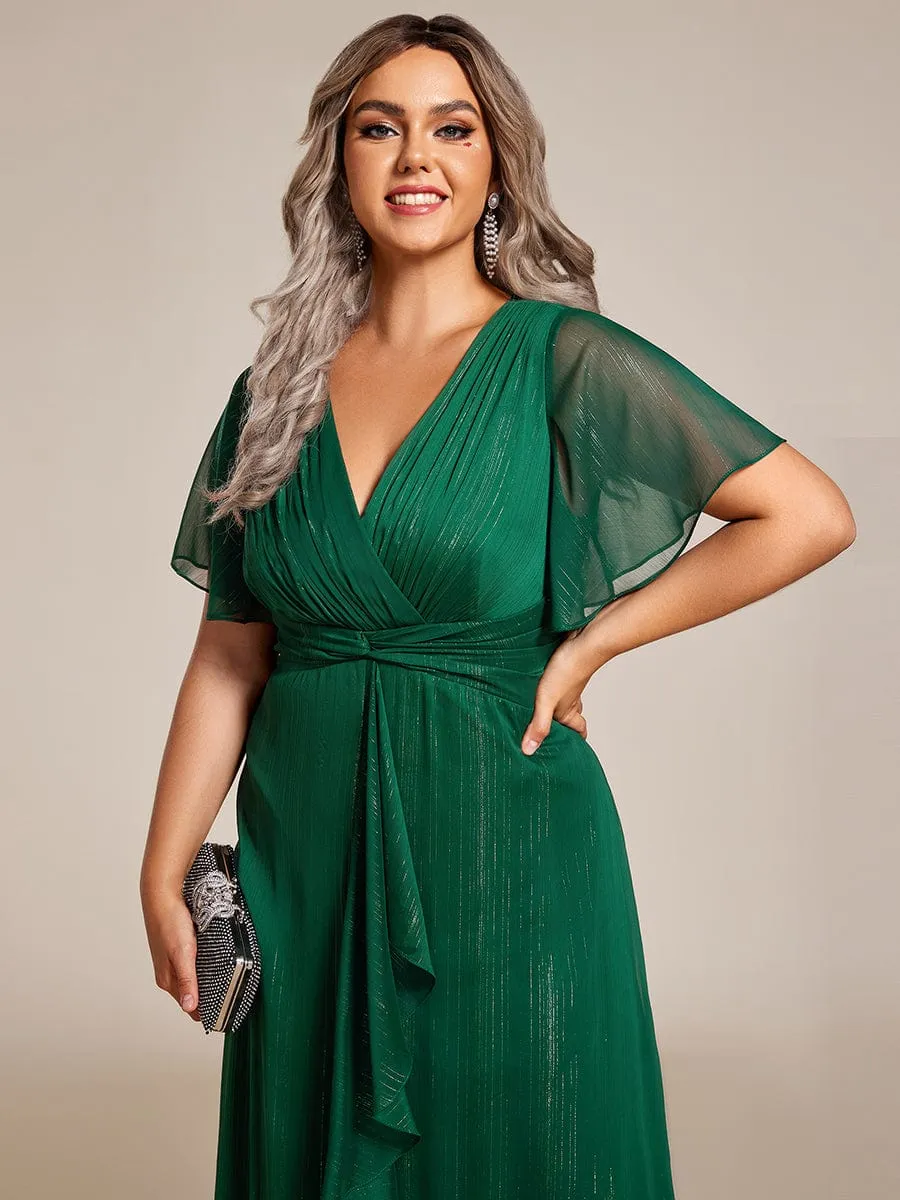 Plus Size Silver Metallic Fabric V-Neck A-Line Wedding Guest Dress featuring Delicate Ruffled Hem