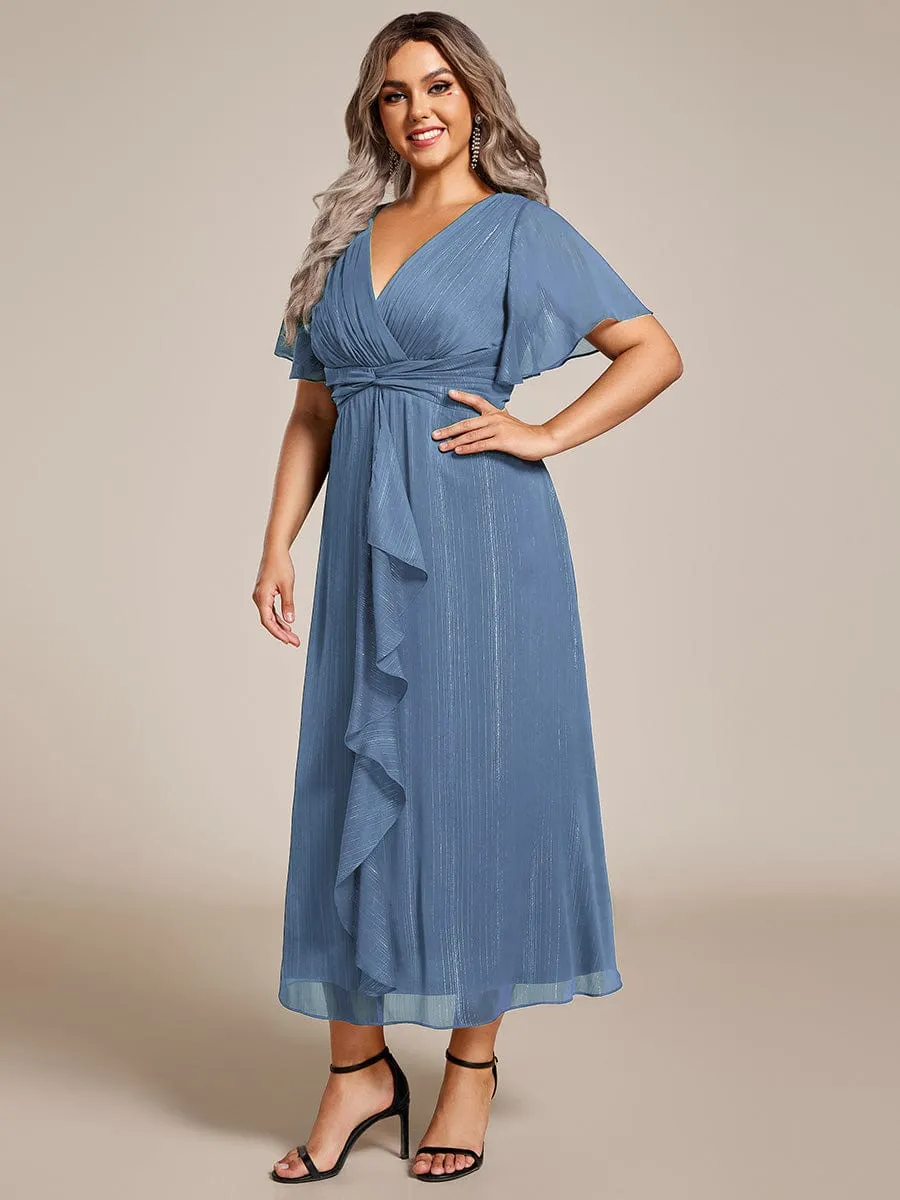 Plus Size Silver Metallic Fabric V-Neck A-Line Wedding Guest Dress featuring Delicate Ruffled Hem