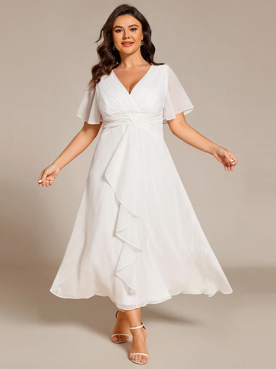 Plus Size Silver Metallic Fabric V-Neck A-Line Wedding Guest Dress featuring Delicate Ruffled Hem