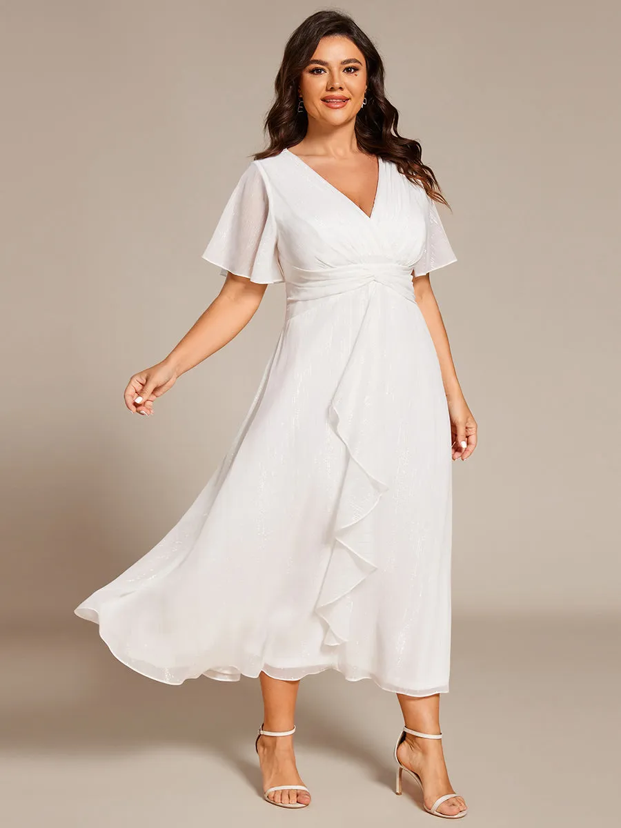 Plus Size Silver Metallic Fabric V-Neck A-Line Wedding Guest Dress featuring Delicate Ruffled Hem