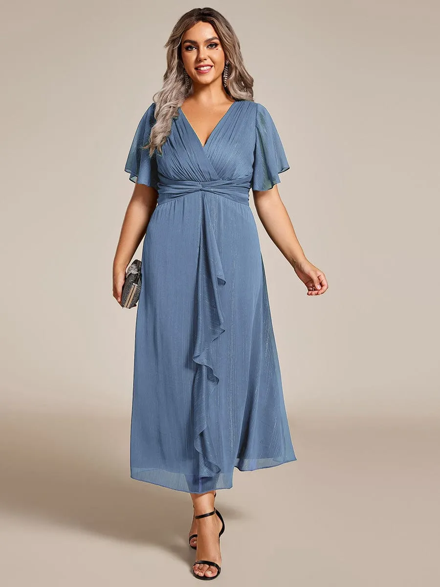 Plus Size Silver Metallic Fabric V-Neck A-Line Wedding Guest Dress featuring Delicate Ruffled Hem