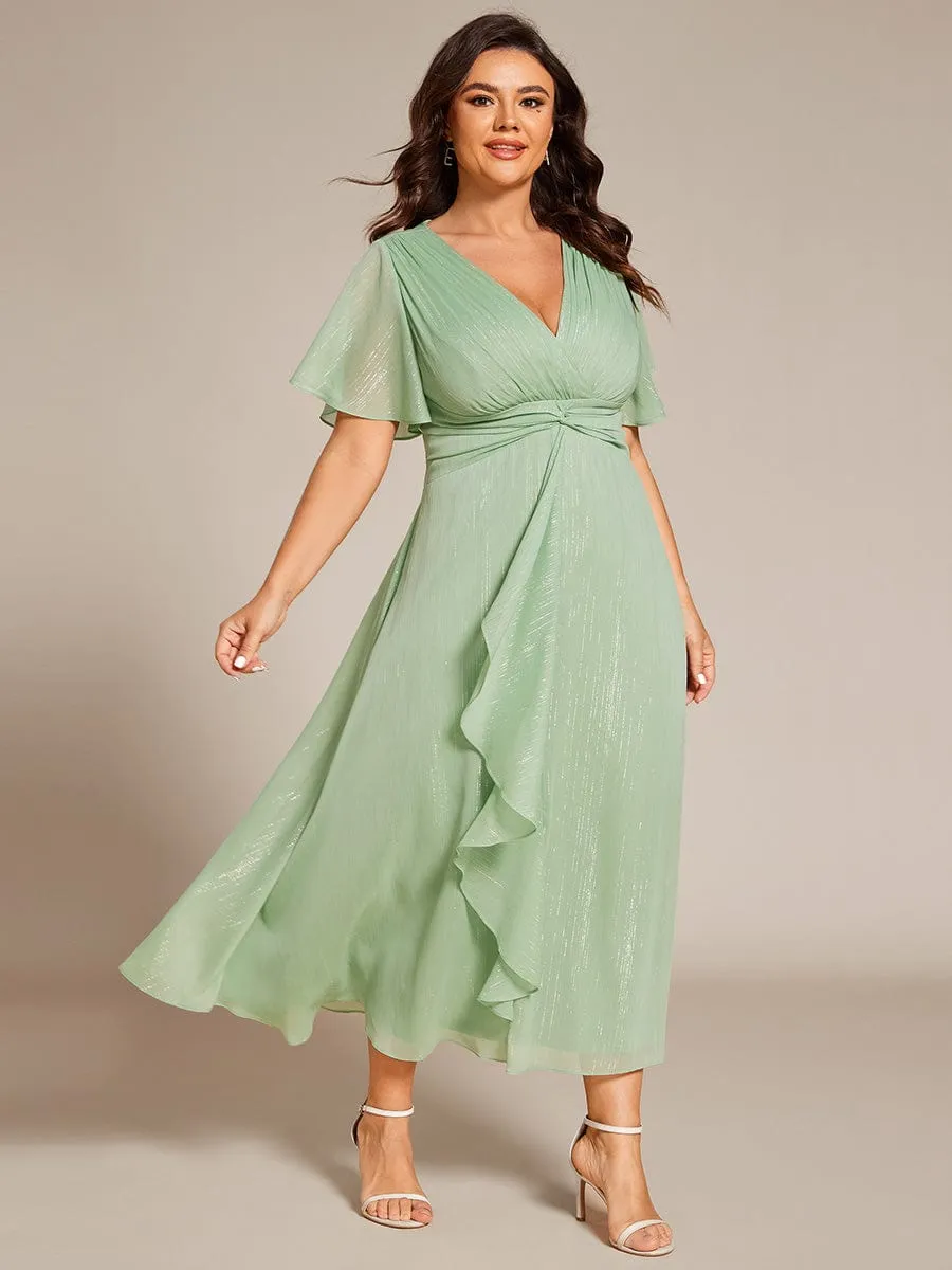 Plus Size Silver Metallic Fabric V-Neck A-Line Wedding Guest Dress featuring Delicate Ruffled Hem