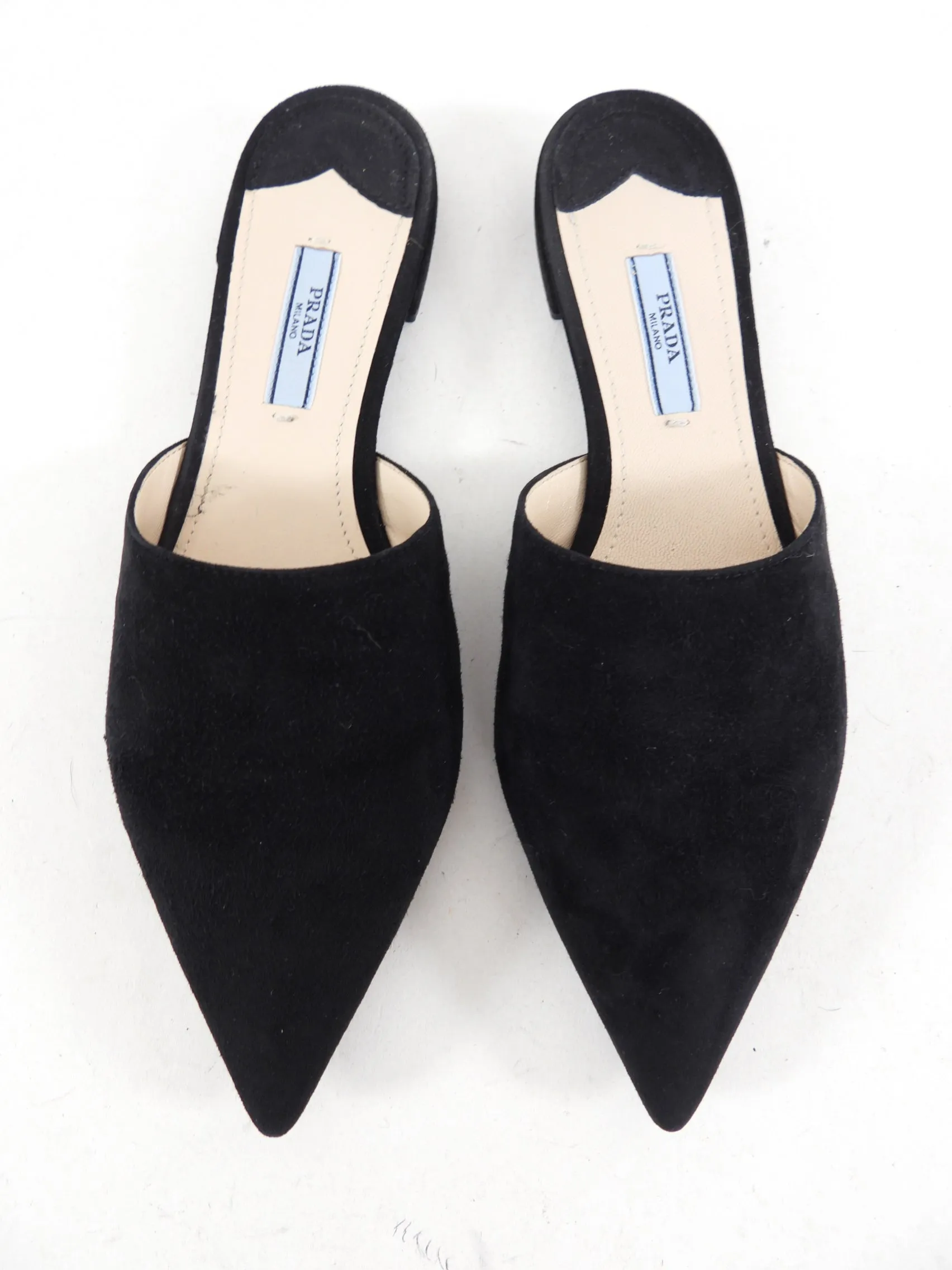 Prada Black Pointed Suede Flat Mules - 37 / USA 6.5