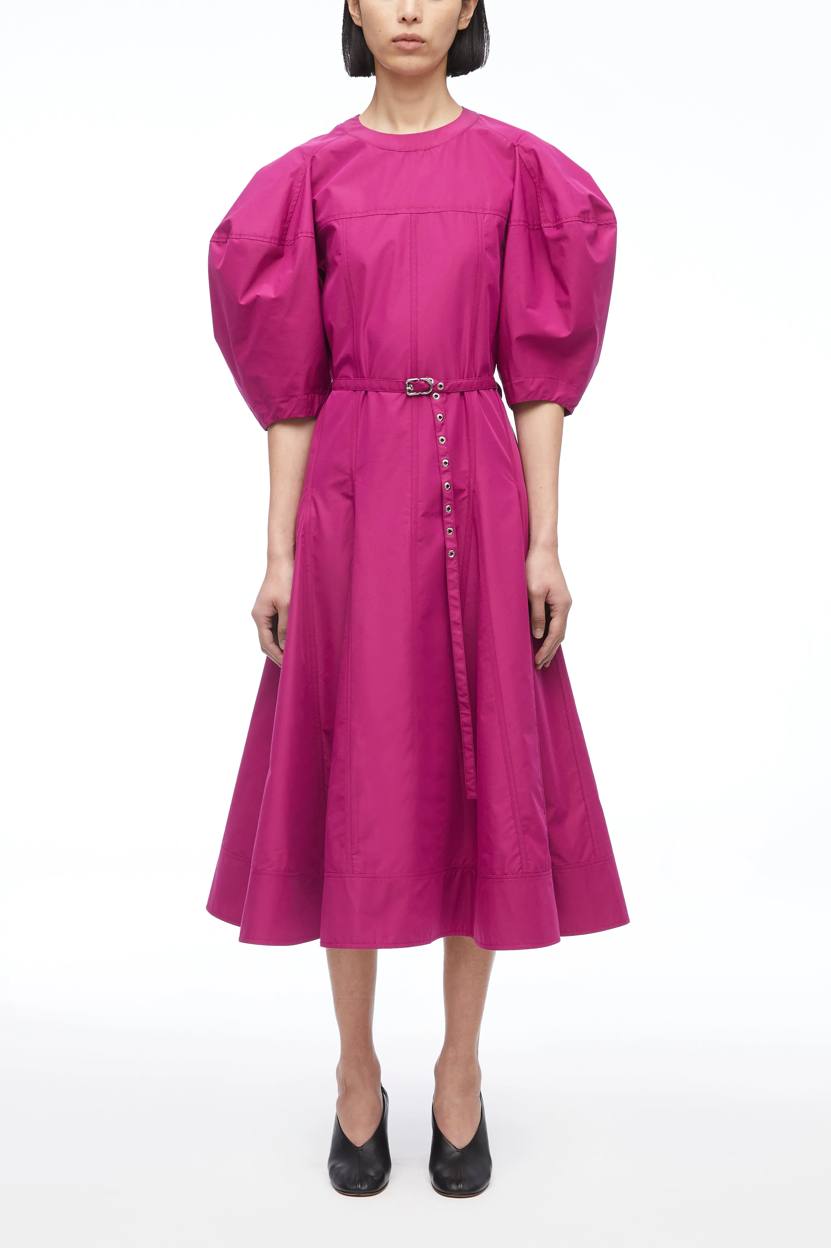 Puff Sleeve Belted Godet Midi Dress